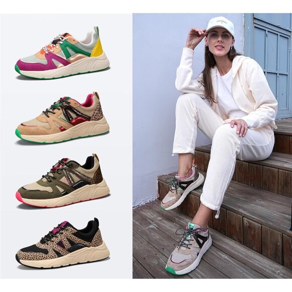 Women‘s Beige Casual Sneakers Platform Classic Leopard Walking Tennis - Picture 8 of 9